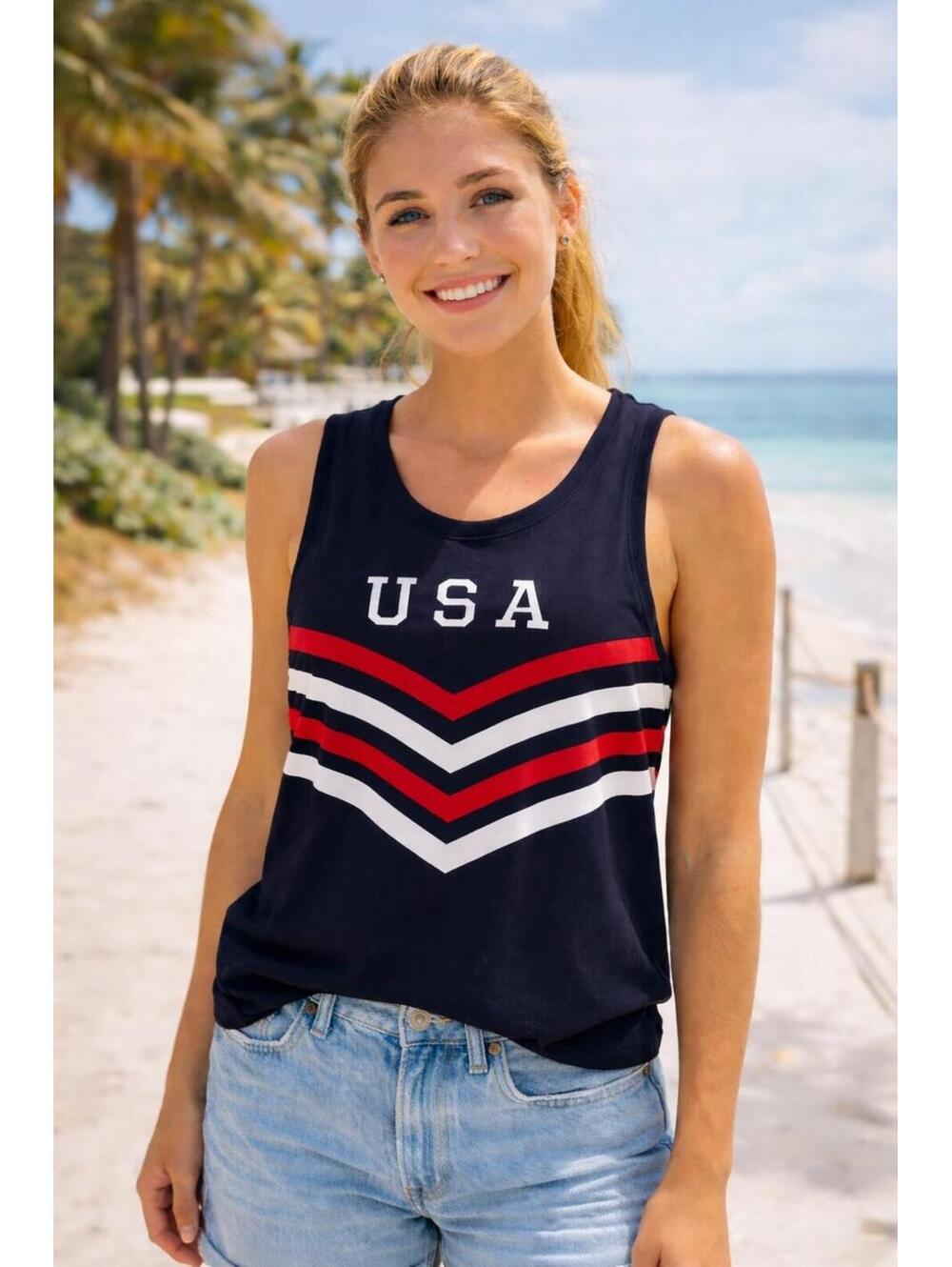 New Xersion Women's Soft Red/White/Navy Blue Patriotic Tank Top, Small